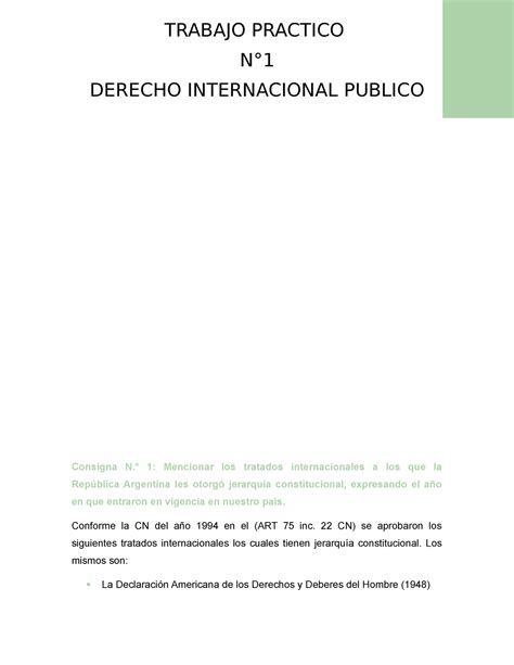 Tp Derecho Internacional Consigna N Mencionar Los Tratados