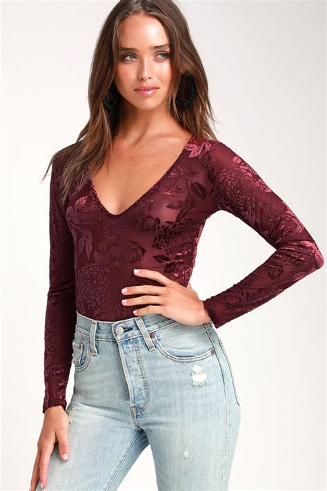 Sexy Burgundy Bodysuit Burnout Velvet Bodysuit Bodysuit Lulus