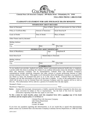 2017 2025 Form Colonial Penn Claimants Statement For Life Insurance