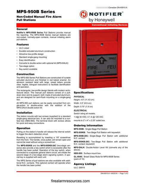 Notifier Mps 950b Series Non Coded Manual Fire Alarm Pull Download