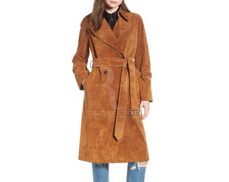 Women Suede Leather Long Coat Ladies Brown Trench Coat Real Leather