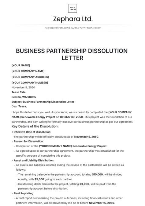 Free Business Partnership Dissolution Letter Template Edit Online