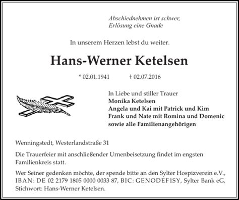 Traueranzeigen Von Hans Werner Ketelsen Sh Z Trauer