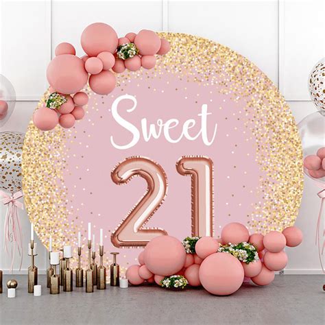 Gold Glitter Spots Round Pink 21st Birthday Backdrop Lofaris