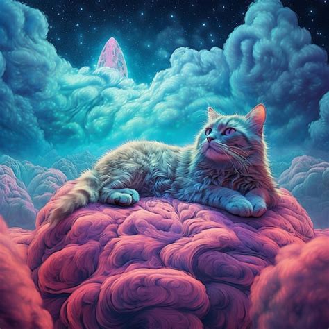 Una Pintura De Un Gato Sobre Una Nube Con Un Cohete En El Fondo Foto Premium