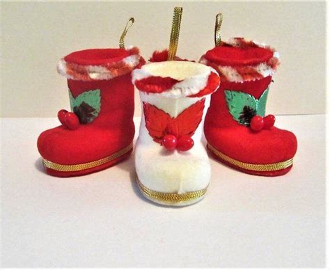 Flocked Santa Boot Ornaments Set Of 3 60s Santa Boots Decorations Japan Ornaments Flocked Etsy