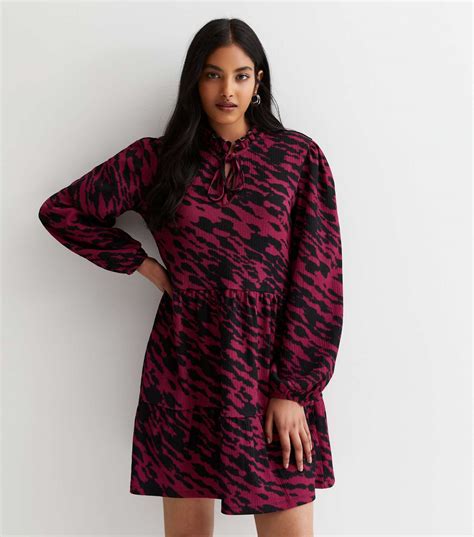 Red Animal Print Tie Neck Smock Mini Dress New Look