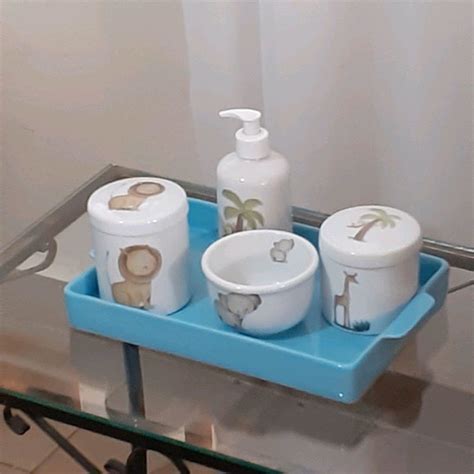 KIT HIGIENE PORCELANA SAFARI BANDEJA RETANGULAR AZUL BEBÊ Elo7