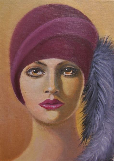 Lady With Feathers In Her Hat By Dian Bernardo Art Deco Paintings