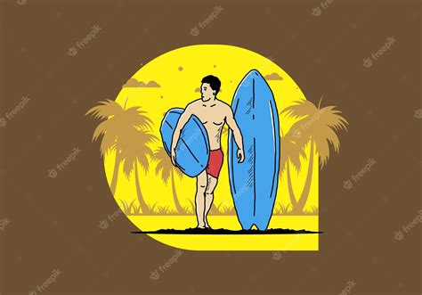 Premium Vector The Shirtless Man Holding Surfboard Illustration