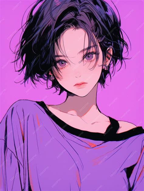 Premium Photo Anime Girl With Black Hair And Purple Shirt Looking At