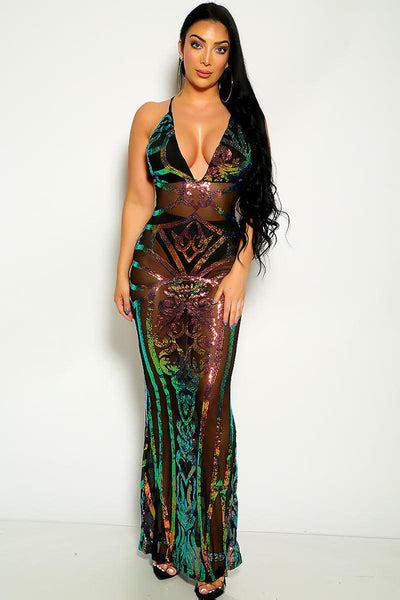 Multi Sequins V Cut Sleeveless Maxi Party Dress Amiclubwear