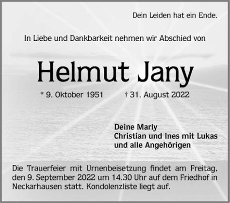 Traueranzeigen Von Helmut Jany Trauerportal Ihrer Tageszeitung