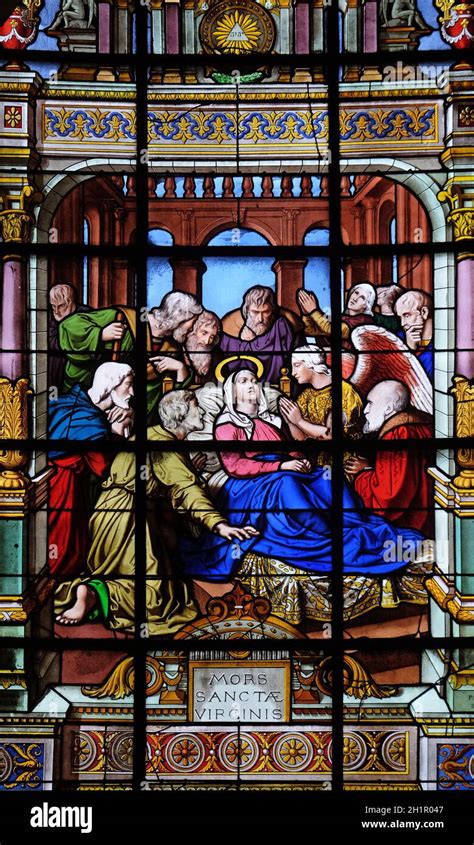 Death Of The Virgin Mary Stained Glass Windows In The Saint Laurent Church Paris France Stock