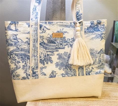 Blue English Country Toile Tote Bag Handmade Vintage Fabric Bag