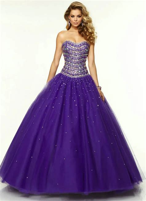 Purple Princess Prom Dress With Crystals Ball Gown Puffy Prom Dresses Sweetheart 2015 Sparkly