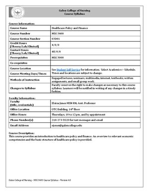 NSG 3400 Syllabus Version Sollerman D1 D2 Summer 23 Galen College Of