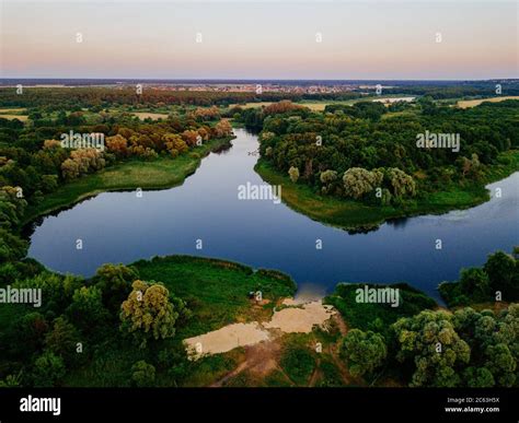 Aerial view of beautiful natural landscape. River Voronezh, Russia ...