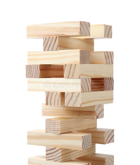 Jenga Tower Made Of Wooden Blocks On White Background Stock Image