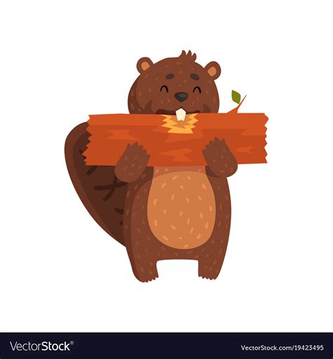 Happy Little Beaver Eating Piece Of Wood Cartoon Vector Image