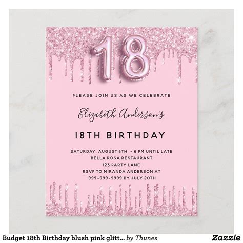 Budget 18th Birthday Blush Pink Glitter Invitation Zazzle Pink Glitter Invitations Glitter