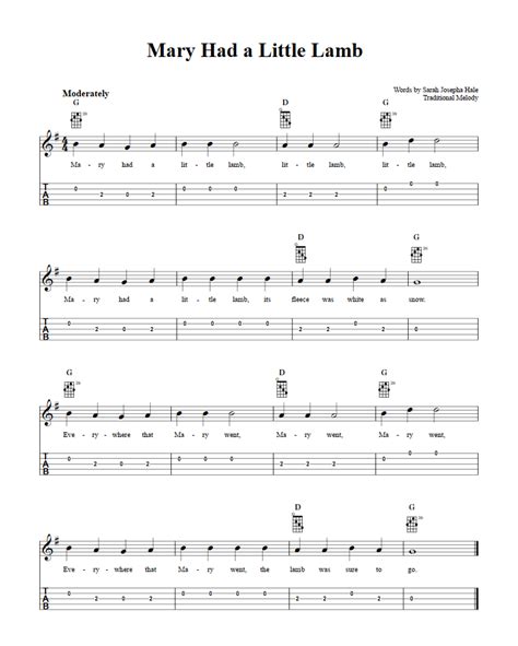 Mary Had a Little Lamb - Easy Banjo Sheet Music and Tab with Chords and ...