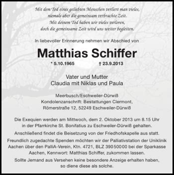 Traueranzeigen Von Matthias Schiffer Aachen Gedenkt