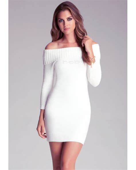 Bebe Off Shoulder Sweater Dress In White Lyst