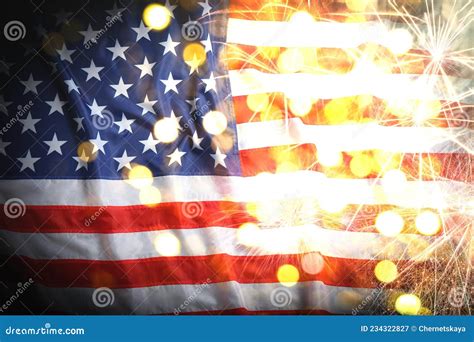 Independence Day Of Usa National American Flag And Fireworks Bokeh