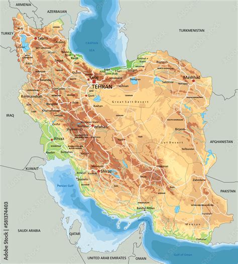 High detailed Iran physical map with labeling. Stock Vector | Adobe Stock