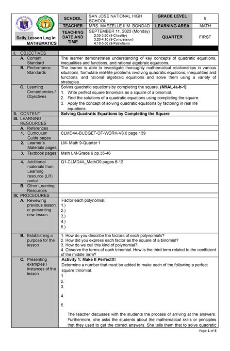 Math9 Dll Sep 11 Daily Lesson Log Daily Lesson Log In Mathematics School San Jose National