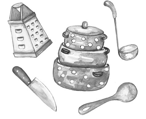 Kitchen Clipart Black And White Watercolor Kitchen Accessories Clip