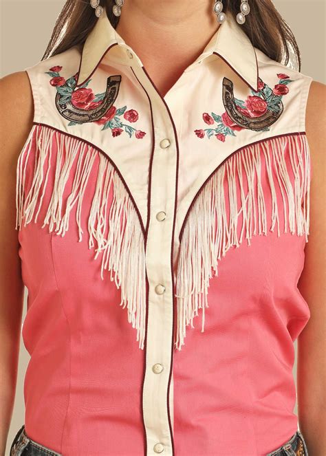 Panhandle Slim Womens Sleeveless Horeshoe And Rose Fringe Western Snap Shirt