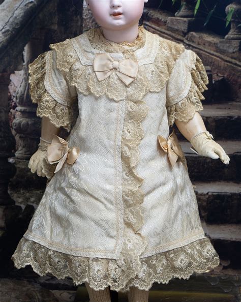 Antique French original Ivory silk dress for doll 23-24" tall Antique