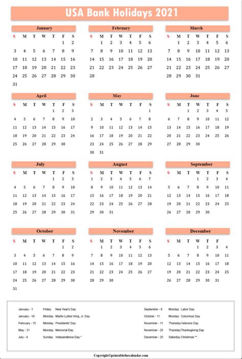 2021 Bank Holiday Calendar Printables Free Templates