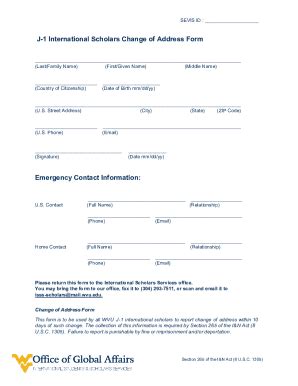 Fillable Online J 1 International Scholars Change Of Address Form WVU