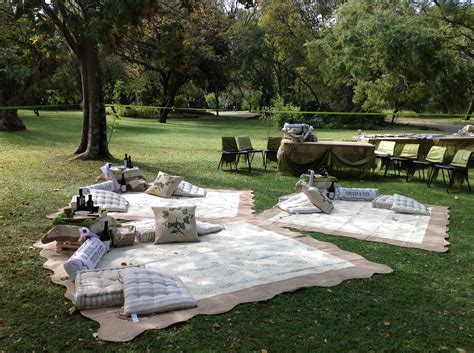 An Outdoor Picnic Area Is Set Up With Pillows And Blankets On The Grass