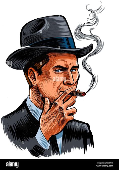 Vintage American Gangster Smoking Cigarette Hand Drawn Ink On Paper