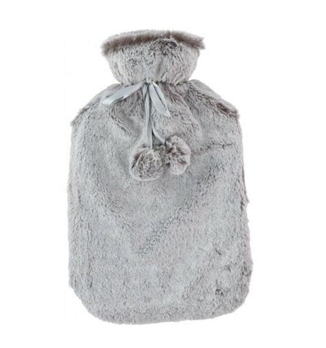 Large 2L Rubber Hot Water Bottle With Warm Faux Fur Fluffy Plush Pom Pom Cover