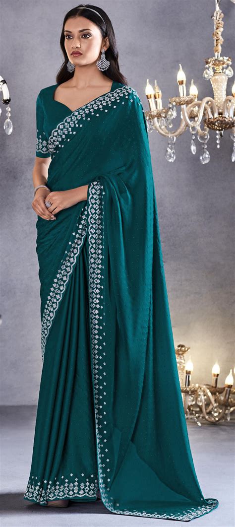 Engagement Reception Wedding Green Color Satin Silk Fabric Saree