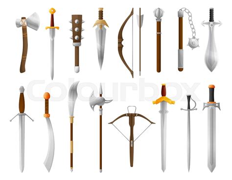 Cartoon Medieval Weapon Old Sword Bow And Axe Fantasy Knight Battle