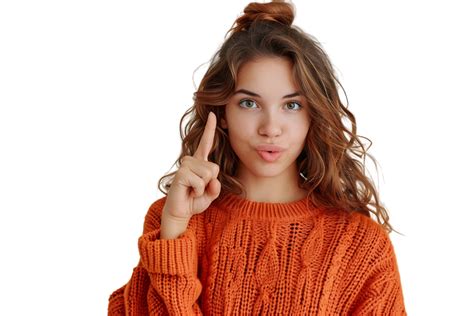 Confident Woman Dressed Orange Sweater Pointing Finger Empty Space On