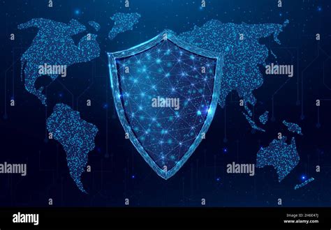 Wireframe Polygonal Shield With Globe Map Cyber Security World