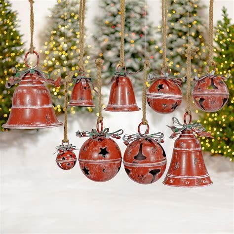 Set Of Assorted Antique Red Oversized Hanging Metal Christmas Bells