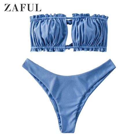 ZAFUL Ribbed Tie Cutout Bandeau Bikini Swimsuit Sexy Strapless Women