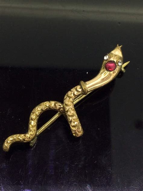 Art Nouveau Paste Snake Brooch Pin Engraved Patterns Rolled Gold C 1900