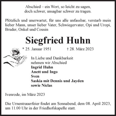 Traueranzeigen Von Siegfried Huhn Abschied Nehmen De