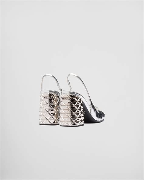 Silver Metallic Leather Slingback Pumps Prada