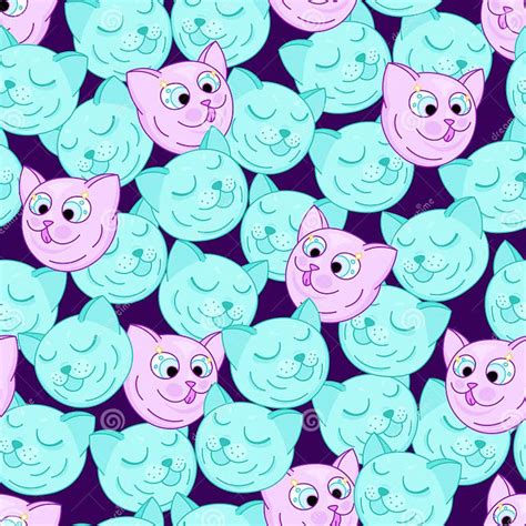 Happy Cat Faces Seamless Pattern Kawaii Animals Cute Cartoon Drawing