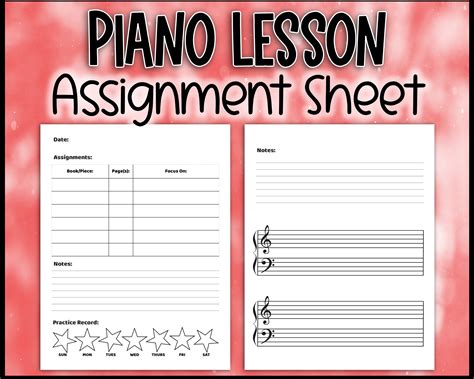 Piano Lesson Assignment Sheet Daily Practice Chart Notes Blank